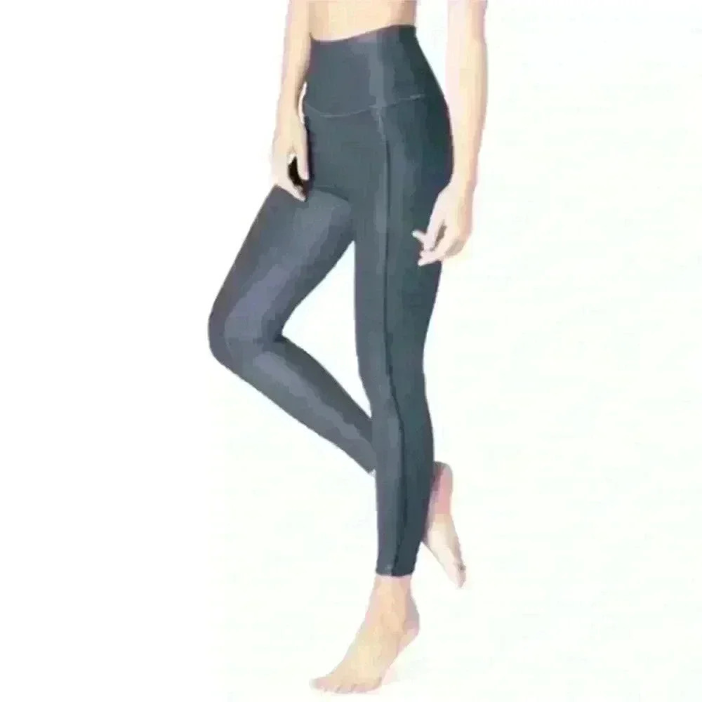 Beyond Yoga Smoky Blue Cropped Leggings With Faux Leather Effect Size Small EUC!